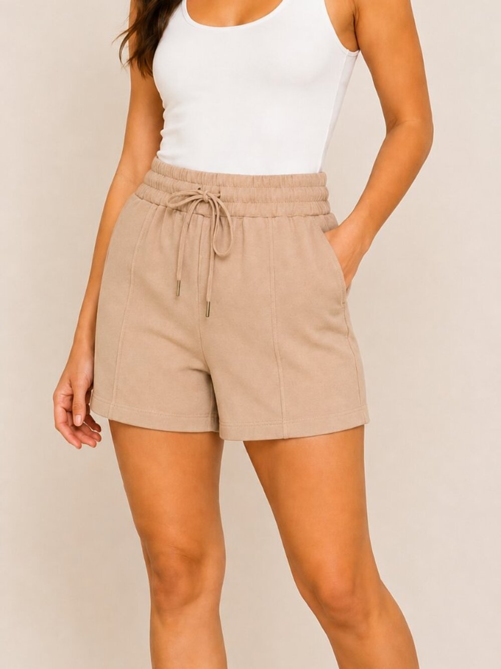 BCBG High-Waist Knit Drawstring Shorts — Tan